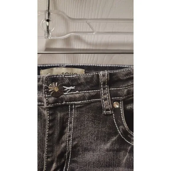 Love SOHO Acid-Wash Black Low-Rise Faux Diamond Studded Flare Jeans Small - Picture 7 of 8